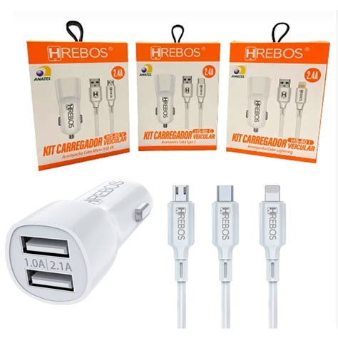 Carregador Veicular 2 4a 2 Saídas USB Cabo Usb V8 iPhone ou Tipo C