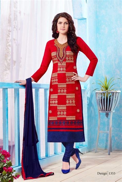 Red Colored Semi Stitched Salwar Suit Cotton Suits Womens Dress