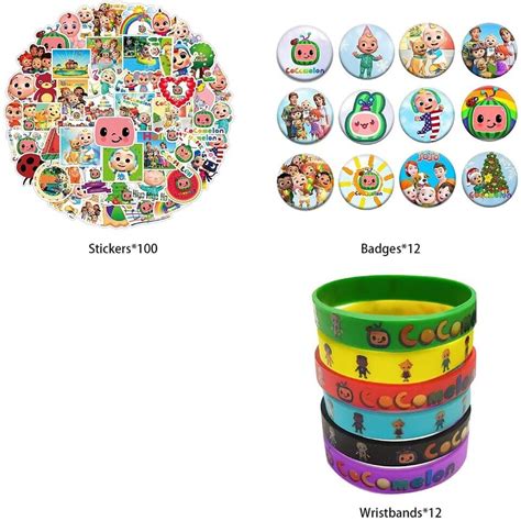 124pcs Cocomelon Badge Bracelet Wristbands Pins Stickers Birthday