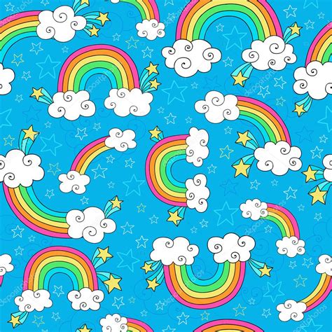 Rainbows Sky And Clouds Seamless Pattern Groovy Notebook Doodles Hand