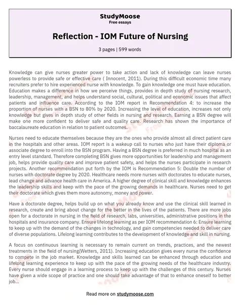 Reflection Paper On IOM Future Of Nursing Recommendations Free Essay