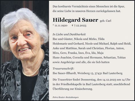 Traueranzeigen Von Hildegard Sauer Harztrauer De