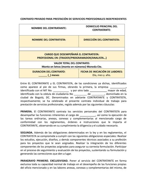 Contrato Para Prestación De Servicios Profesionales Independientes