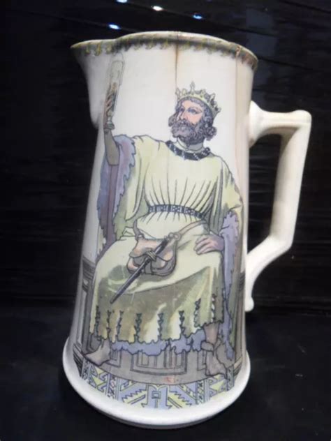 ANCIEN PICHET PITCHER Broc Faience Decor D Un Roi Buvant Biere Theme