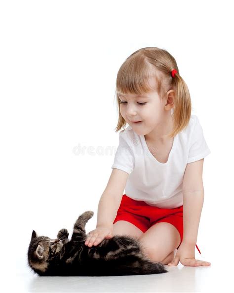 Cute Girl Playing with Black Kitten Stock Image - Image of merry ...