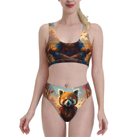 Logiee Prairie Meditating Raccoon Print Women S 2 Piece Bikini Set Halter Bathing Suit High