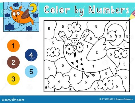 Color by Number Game for Kids. Coloring Page with a Cute Owl at Night ...