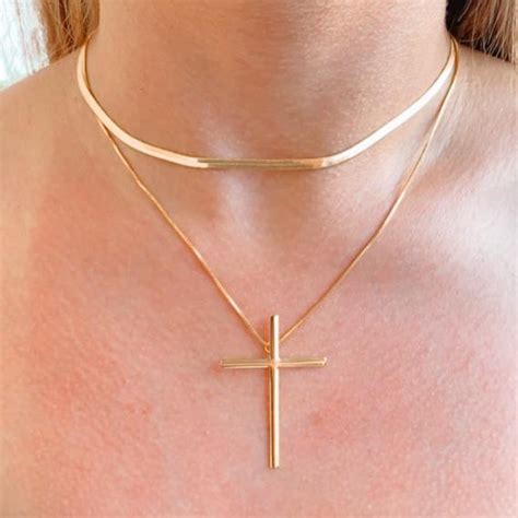 Colar Corrente Crucifixo Cruz Feminino Ouro K Choker Fio Liso