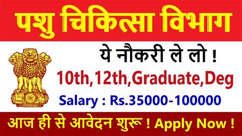 पशु चिकित्सा विभाग में आयी सीधी भर्ती 10th Pass 12th Pass Graduate Pass Govt Jobs 2023