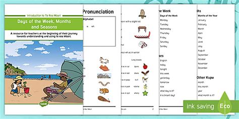 Introduction to Te Reo Māori Days of the Week Months and Seasons Booklet