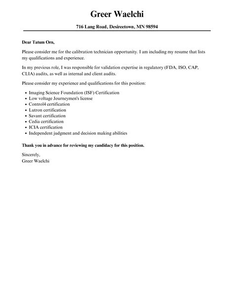 Calibration Technician Cover Letter | Velvet Jobs