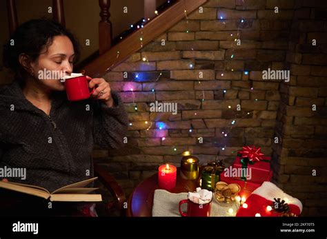 Close Up Portrait Of Charming Multi Ethnic Woman Drinking Hot Chocolate Or Cocoa With