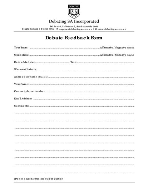 Fillable Online Debate Feedback Form Debating Sa Incorporated Fax