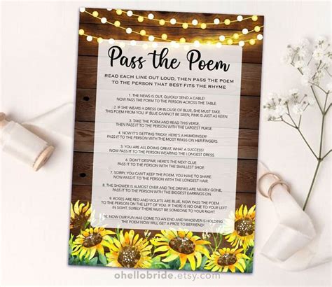 Printable Pass The Poem Bridal Shower Game Pass The Prize Sunflower