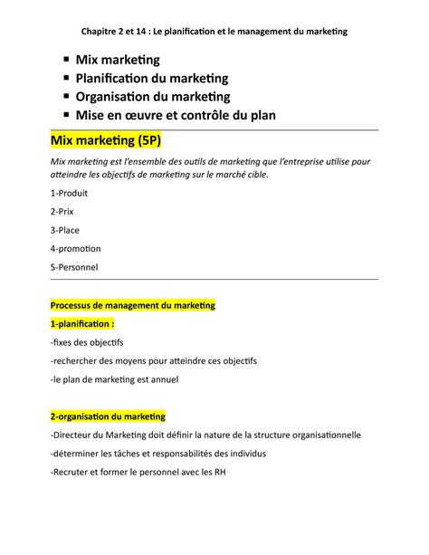 Mkg3300 chaptire 2 séance 2 la planification et le management du