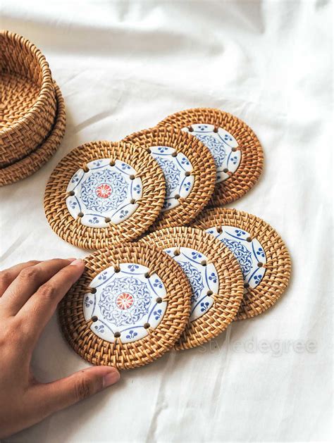 Rattanly Ceramic Coaster Set Pc With Holder Beautiful Protective