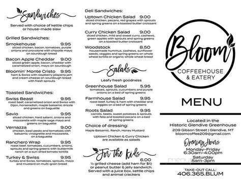 Menu Of Bloom Coffeehouse And Eatery In Glendive Mt 59330