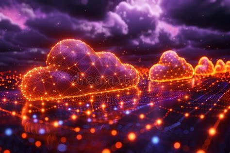 Digital Illustration Of Glowing Cloud Networks Over A Futuristic