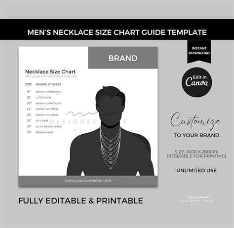 Editable Mens Necklace Size Chart Template Canva Printable Custom