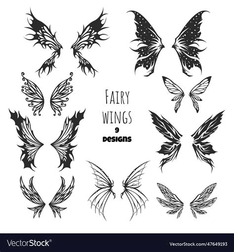 Fairy Wings Tattoo Set Isolated Silhouettes Vector Image