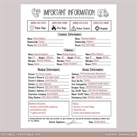 Emergency Contact Information Sheet Editable Babysitter Info Sheet Pr