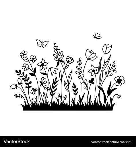 Field With Grass Wildflowers And Butterfly Vector Image