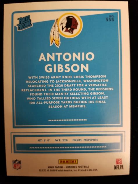 2020 Donruss Football Antonio Gibson Blue Rated Rookie Press Proof