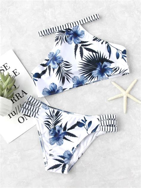 Flower Print Striped Trim Ladder Cutout Bikini SetFor Women Romwe