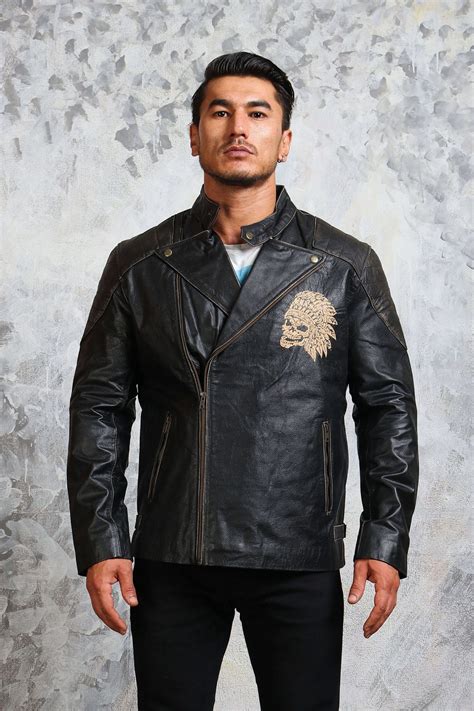 Indian Skull Leather Jacket For Men In Black