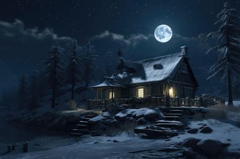 Premium AI Image | a cabin in the woods at night with a full moon