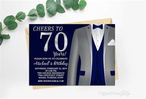 70th Birthday Invitations Men Birthday Party Silver And Blue Etsy