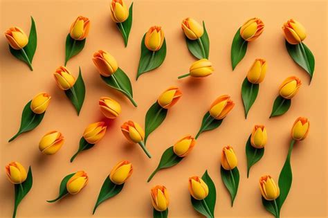 Premium Photo | A yellow and orange tulips with green leaves on a ...