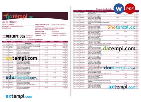 India Post Payments Bank Statement Word And Pdf Template Pages