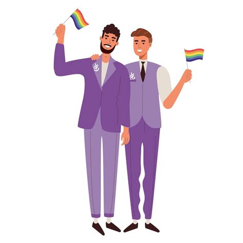 Casamento lgbt homens gays em roxo e ternos bandeiras de arco íris