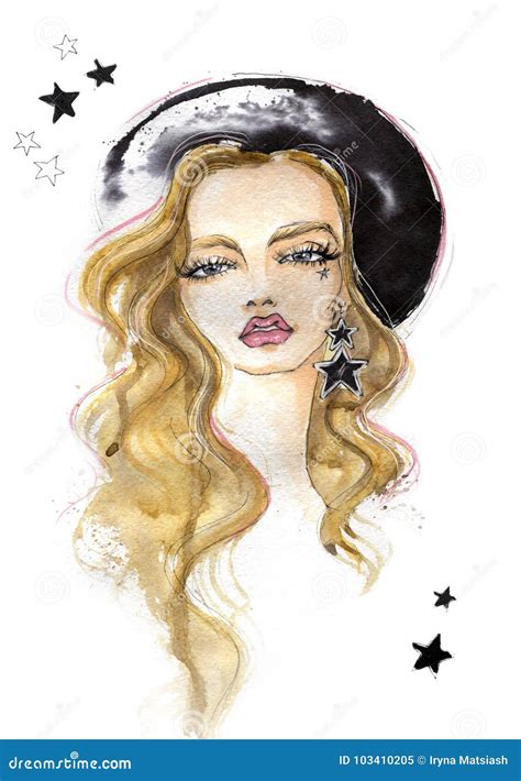 Portrait of a Fashionable Girl with Earrings. Stock Illustration ...