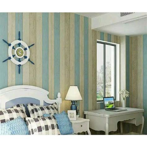 Jual Grosir Wallpaper Murah Sticker Dinding Motif Garis Cream Biru 10m