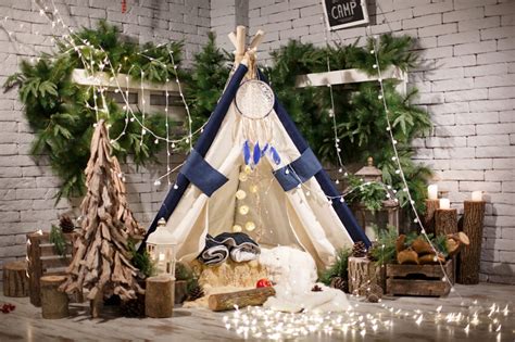 Wooden Christmas Tree Little Tent Lights Backdrop M6-95 – Dbackdrop