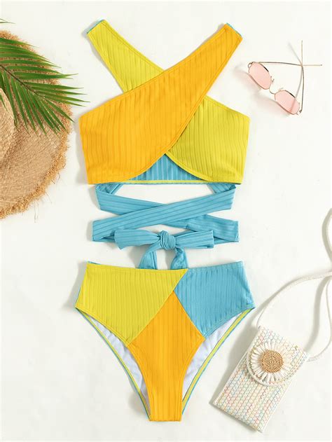 Color Block Criss Cross Bikini Swimsuit Shein Usa