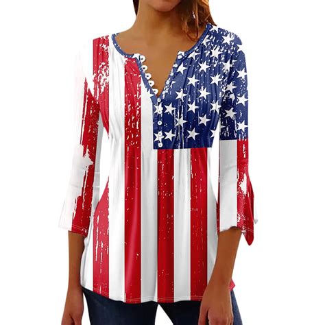 Knosfe American Flag Tunic Tops For Women 2024 34 Sleeve Independence Day Stars Striped Tops