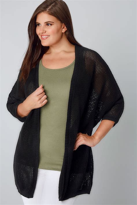 Black Open Knit Cocoon Cardigan With Half Sleeves Plus Size 16 To 36