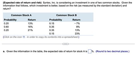 Solved Expected Rate Of Return And Risk Syntex Inc Is Chegg