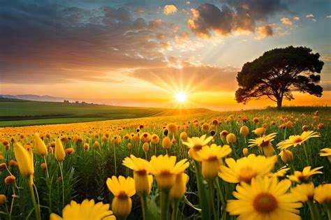 Premium AI Image | sunset over a field of yellow flowers