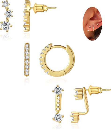 3 Pairs Stud Earrings For Women 14k Gold Stud Earrings Set Dainty Small