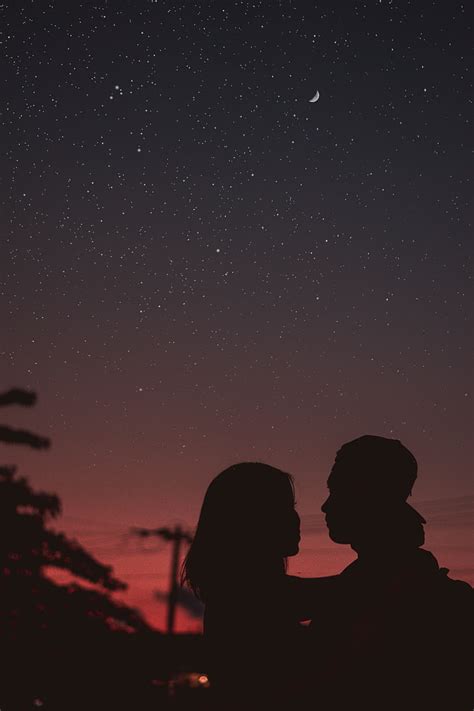 Couple Silhouettes Hugs Night Starry Sky Nature Forests Hd Art Night