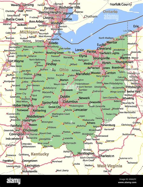 Map of Ohio. Shows country borders, urban areas, place names, roads and ...