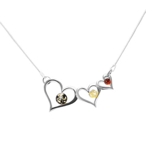 Collier Coeurs Argent 925 Et Ambre Multicolore Ref 56064