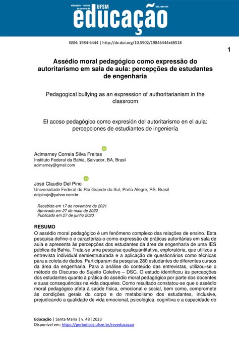 Pdf Ass Dio Moral Pedag Gico Como Express O Do Autoritarismo Em Sala De Aula Percep Es De