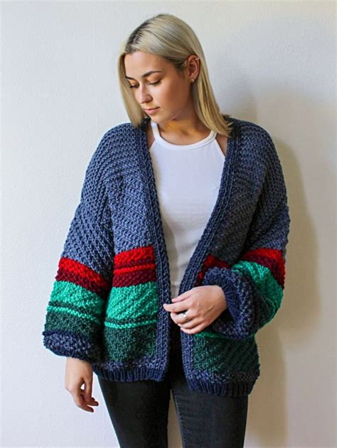 Oversize Chunky Knit Striped Cardigan Textured Colored Hand Etsy