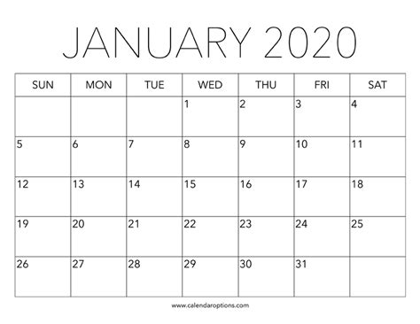 Printable January 2020 Calendar – Calendar Options