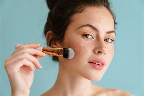 Half Naked Brunette Woman Posing While Using Cosmetic Brush Stock Image Image Of Model Adult